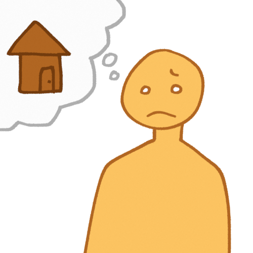 a yellow figure with a sad face and thought bubble. in the thought bubble is a house.